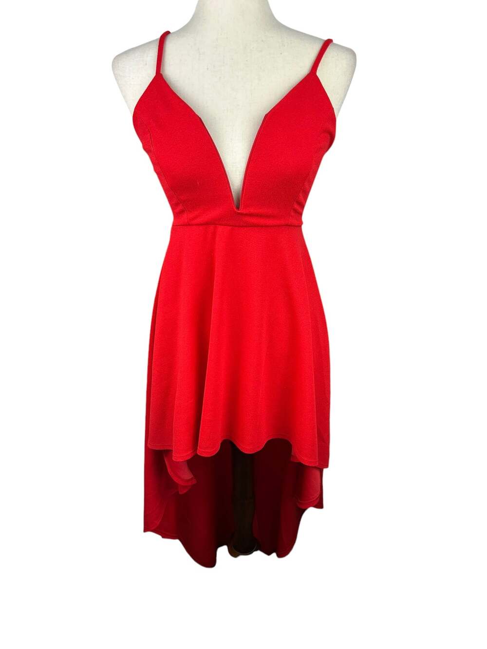 Privy Red High Low Hemline Strappy Cocktail Party Dress Low V Cut Size Small